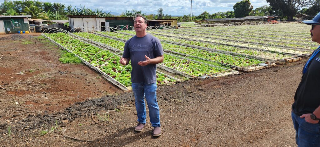 Jason Brand in front of floating lettuce beds